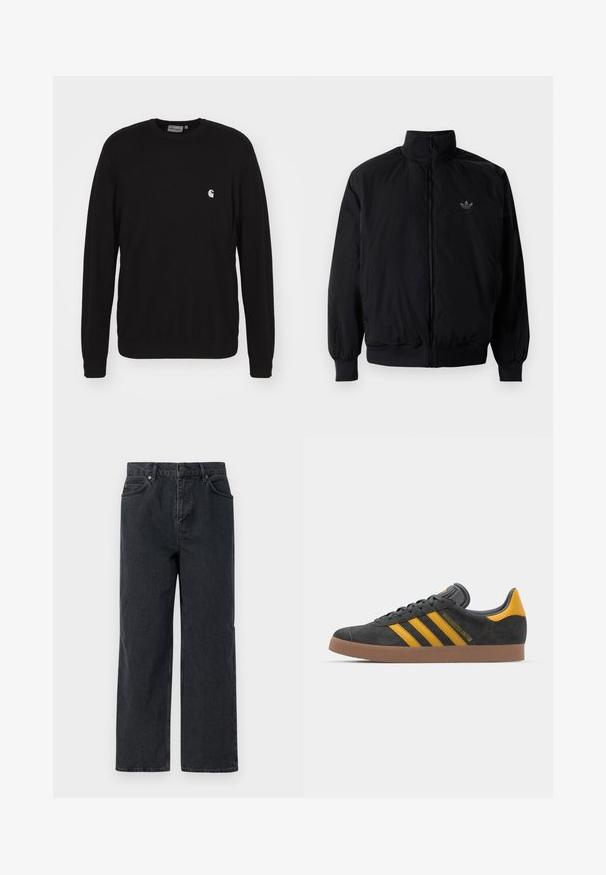 Black zipped jacket with high collar, made of lightweight material. Features elastic cuffs and waistband, with a small logo on the upper left.; Carhartt WIP Sweatshirt - black; Dark blue denim trousers with a wide leg, five-pocket design, and a button closure. Includes copper-tone hardware and subtle texture.; Black suede sneaker with yellow accents, featuring three stripes and a brown rubber sole. Includes a padded tongue for comfort.