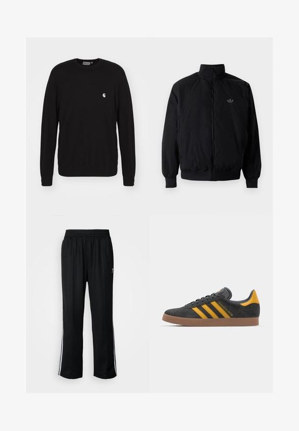Schwarze Jacke mit Reißverschluss und hohem Kragen, aus leichtem Material gefertigt. Verfügt über elastische Bündchen und einen elastischen Saum, mit einem kleinen Logo oben links.; Carhartt WIP Sweatshirt - black; Schwarze Sporthosen mit elastischem Bund, ausgestattet mit weißen Seitenstreifen und einem kleinen Logo. Das Material wirkt weich und leicht.; Schwarze Wildledersneaker mit gelben Akzenten, ausgestattet mit drei Streifen und einer braunen Gummisohle. Enthält eine gepolsterte Zunge für zusätzlichen Komfort.