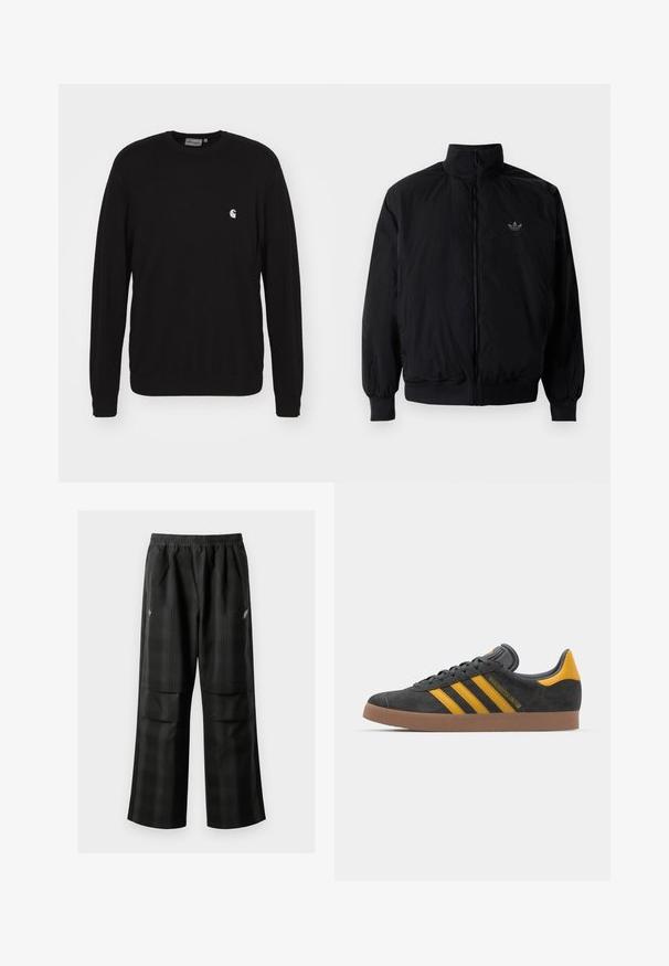 Schwarze Jacke mit Reißverschluss und hohem Kragen, aus leichtem Material gefertigt. Verfügt über elastische Bündchen und einen elastischen Saum, mit einem kleinen Logo oben links.; Carhartt WIP Sweatshirt - black; Schwarze karierte Hosen mit elastischem Bund, zwei Fronttaschen und lockerer Passform im geraden Beinschnitt. Hergestellt aus leichtem Material.; Schwarze Wildledersneaker mit gelben Akzenten, ausgestattet mit drei Streifen und einer braunen Gummisohle. Enthält eine gepolsterte Zunge für zusätzlichen Komfort.