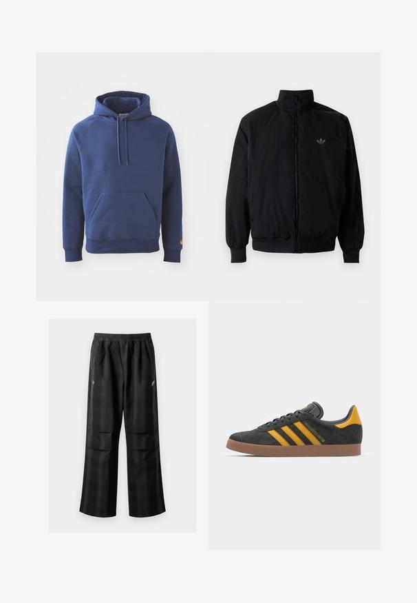 Crna jakna na zip s visokim ovratnikom, izrađena od laganog materijala. Ima elastične manžete i pojas, s malim logotipom na gornjem lijevom dijelu.; Tamno plavi dukserica od mekanog materijala, s prednjim kengur đepom, rebrastim manžetama i kapuljačom s vezicom.; Crne karirane hlače s elastičnom urezom, dva prednja džepa i ležernim krojem s ravnim nogavicama. Izrađene su od laganog materijala.; Crne nubuk tenisice s žutim detaljima, sa tri pruge i smešnim gumenim potplatom. Imaju jastučić na jeziku za udobnost.