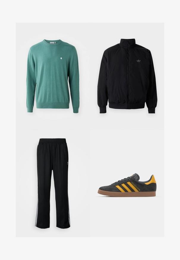 Black zipped jacket with high collar, made of lightweight material. Features elastic cuffs and waistband, with a small logo on the upper left.; Green knitted sweater with long sleeves, round neck, and ribbed cuffs. Features a small white logo on the chest. Smooth texture.; Black athletic pants with an elastic waistband, featuring white side stripes and a small logo. Material appears soft and lightweight.; Black suede sneaker with yellow accents, featuring three stripes and a brown rubber sole. Includes a padded tongue for comfort.