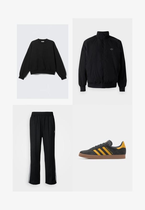 Black zipped jacket with high collar, made of lightweight material. Features elastic cuffs and waistband, with a small logo on the upper left.; Black crewneck sweatshirt with long sleeves and ribbed cuffs and hem, laid flat against a light background.; Black athletic pants with an elastic waistband, featuring white side stripes and a small logo. Material appears soft and lightweight.; Black suede sneaker with yellow accents, featuring three stripes and a brown rubber sole. Includes a padded tongue for comfort.