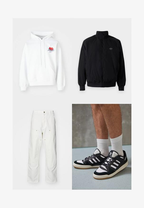Chaqueta negra con cremallera y cuello alto, hecha de material ligero. Cuenta con puños y cinturilla elásticos, y un pequeño logo en la parte superior izquierda.; Sudadera blanca con un gráfico de dos cerezas rojas, un contorno y letras azules. Incluye un bolsillo tipo canguro y capucha con cordón.; Pantalones cargo de algodón blancos con un corte relajado. Las características incluyen bolsillos frontales, detalles en dorado y secciones de rodilla reforzadas.; Zapatillas en blanco y negro con parte superior de ante y cuero, que presentan tres franjas blancas, una puntera perforada y una suela de goma.
