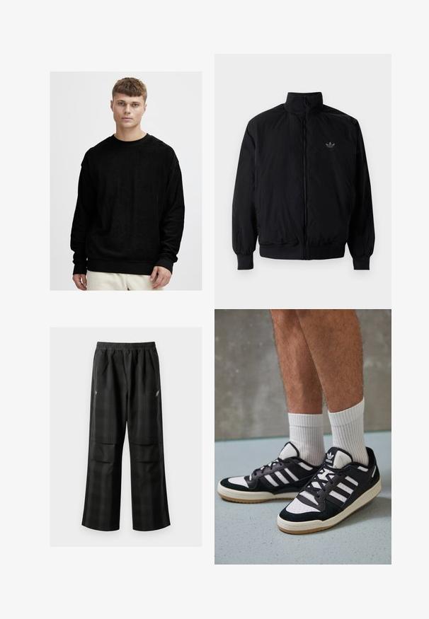 Zwarte geluiting jack met hoge kraag, gemaakt van lichtgewicht materiaal. Voorzien van elastische manchetten en tailleband, met een klein logo op de linkerbovenkant.; Zwarte sweater met lange mouwen van zachte, gestructureerde stof. Voorzien van een ronde hals en contrasterende zwarte ribgebreide manchet en onderkant.; Zwarte geruite broek met een elastische tailleband, twee voorzakken en een losse pasvorm met een rechte pijpdesign. Gemaakt van lichtgewicht materiaal.; Zwart-witte sneakers met een bovenwerk van suede en leer, voorzien van drie witte strepen, een geperforeerde neus en een rubberen gumzool.