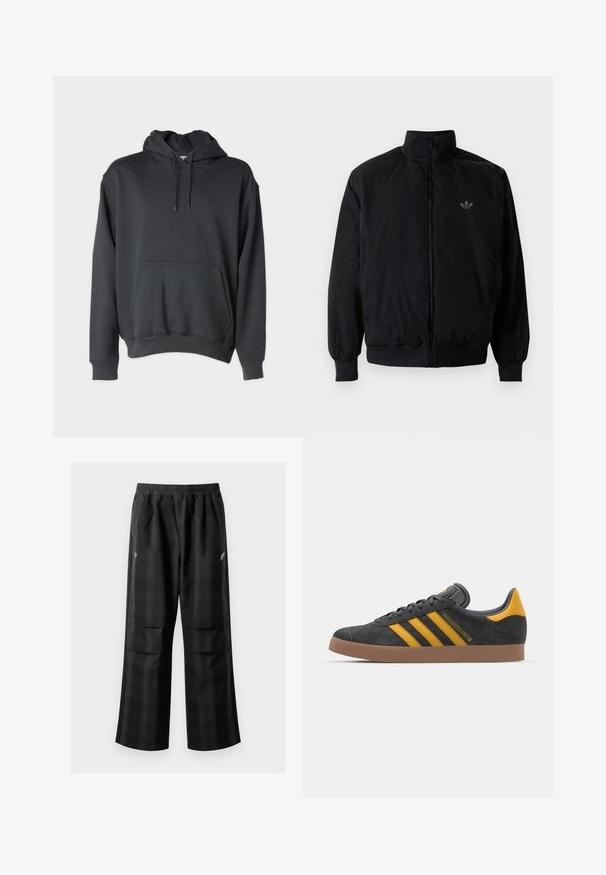 Crna jakna na zip s visokim ovratnikom, izrađena od laganog materijala. Ima elastične manžete i pojas, s malim logotipom na gornjem lijevom dijelu.; Tamno siva dukserica od mekane tkanine, s prednjim džepom, svezicama na kapuljači i rebrastim završecima na rukavima i donjem rubu.; Crne karirane hlače s elastičnom urezom, dva prednja džepa i ležernim krojem s ravnim nogavicama. Izrađene su od laganog materijala.; Crne nubuk tenisice s žutim detaljima, sa tri pruge i smešnim gumenim potplatom. Imaju jastučić na jeziku za udobnost.