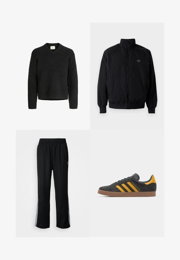 Crna jakna na zip s visokim ovratnikom, izrađena od laganog materijala. Ima elastične manžete i pojas, s malim logotipom na gornjem lijevom dijelu.; Crni pleteni pulover s V-izrezom, rebrastom teksturom, dugim rukavima i ravnim rubom. Napravljen od mekog, debelog materijala.; Crne sportske hlače s elastičnom trakom oko struka, s bijelim bočnim prugama i malim logotipom. Materijal izgleda mekan i lagan.; Crne nubuk tenisice s žutim detaljima, sa tri pruge i smešnim gumenim potplatom. Imaju jastučić na jeziku za udobnost.