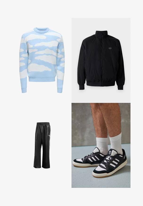 Musta vetoketjullinen takki, jossa on korkea kaulus, valmistettu kevyestä materiaalista. Varustettu joustavilla hihoilla ja vyötäröllä, ja ylävasemmalla on pieni logo.; Vaaleansininen villatakki, jossa on teksturoitu neule ja valkoinen pilvimäinen kuvio. Pyöreä pääntie ja ribattu hihansuut sekä helma.; Mustat synteettiset juoksuhousut, joissa on joustava vyötärö, valkoiset sivusuunnassa olevat raidat ja pieni valkoinen logo vasemmassa lantiossa.; Valkoiset ja mustat tennarit, joissa on mokkanahka- ja nahkapäällinen, kolme valkoista raitaa, rei'itetty kärki ja kumipohja.