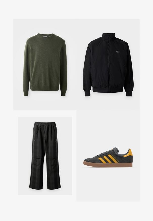 Černá zipová bunda s vysokým límcem, vyrobená z lehkého materiálu. Má elastické manžety a pas, s malým logem na horní levé straně.; Tmavě zelený svetr, kulatý výstřih, dlouhé rukávy, žebrované manžety a lem, měkká textura, jednoduchý design, žádné viditelné vzory ani ozdoby.; Černé kostkované kalhoty s elastickým pasem, dvěma předními kapsami a volným střihem se rovnými nohavicemi. Vyrobeny z lehkého materiálu.; Černé semišové tenisky se žlutými akcenty, vybavené třemi pruhy a hnědou gumovou podrážkou. Obsahují polstrovaný jazyk pro pohodlí.