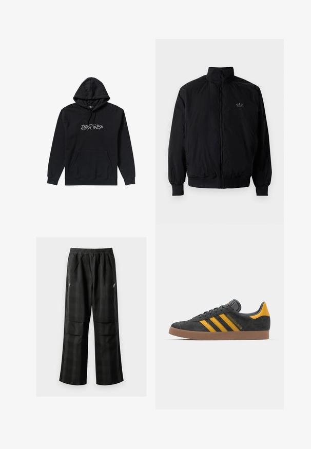 Veste noire à fermeture éclair avec col haut, fabriquée en matériau léger. Dotée de poignets et d'une taille élastiques, avec un petit logo en haut à gauche.; Hoodie noir avec une poche avant et une capuche à cordon, ornée d'un logo Volcom Snow blanc centré sur la poitrine, fabriqué en tissu doux.; Pantalons à carreaux noirs avec une taille élastique, deux poches avant et une coupe ample avec une conception à jambe droite. Fabriqués en matériau léger.; Baskets en suede noir avec des accents jaunes, présentant trois rayures et une semelle en caoutchouc marron. Comprend une languette rembourrée pour le confort.