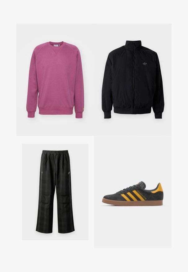 Schwarze Jacke mit Reißverschluss und hohem Kragen, aus leichtem Material gefertigt. Verfügt über elastische Bündchen und einen elastischen Saum, mit einem kleinen Logo oben links.; Carhartt WIP CHASE - Sweatshirt - dusty fuchsia/gold; Schwarze karierte Hosen mit elastischem Bund, zwei Fronttaschen und lockerer Passform im geraden Beinschnitt. Hergestellt aus leichtem Material.; Schwarze Wildledersneaker mit gelben Akzenten, ausgestattet mit drei Streifen und einer braunen Gummisohle. Enthält eine gepolsterte Zunge für zusätzlichen Komfort.