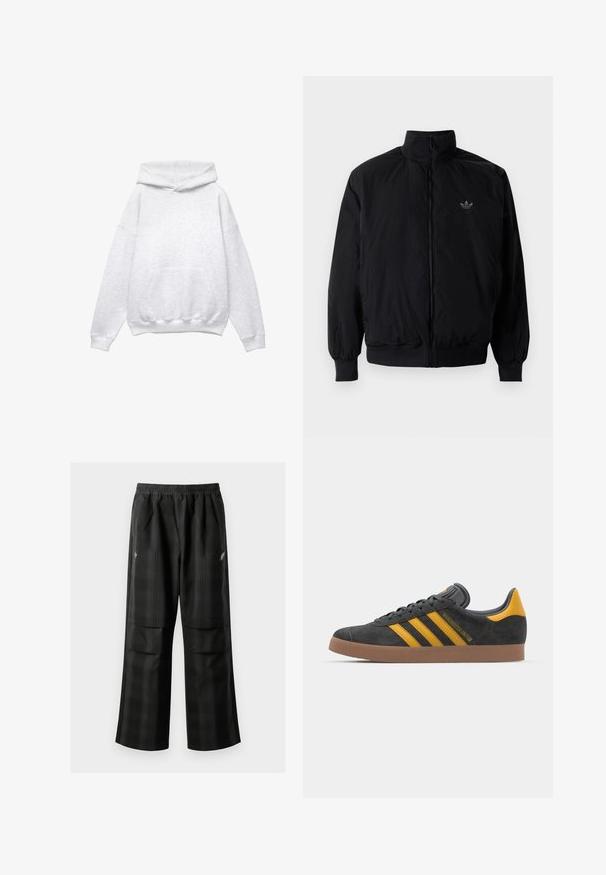 Crna jakna na zip s visokim ovratnikom, izrađena od laganog materijala. Ima elastične manžete i pojas, s malim logotipom na gornjem lijevom dijelu.; Siva dukserica s kapuljačom, napravljena od mekanog pamuka. Ima prednji džep, rebraste manžete i rub. Opusti fit, bez uzoraka ili naglasaka.; Crne karirane hlače s elastičnom urezom, dva prednja džepa i ležernim krojem s ravnim nogavicama. Izrađene su od laganog materijala.; Crne nubuk tenisice s žutim detaljima, sa tri pruge i smešnim gumenim potplatom. Imaju jastučić na jeziku za udobnost.