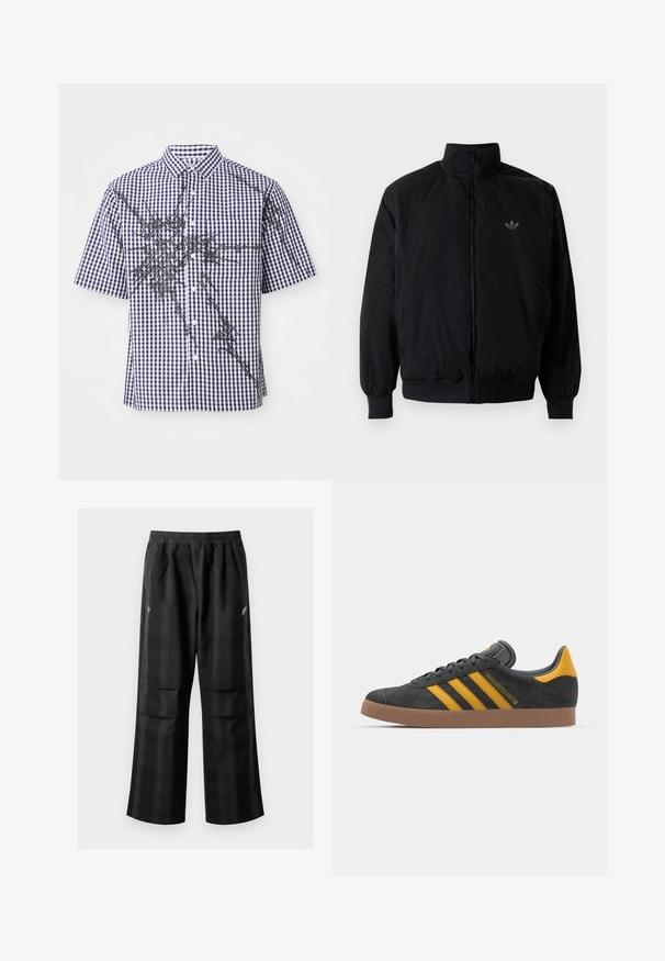 Musta vetoketjullinen takki, jossa on korkea kaulus, valmistettu kevyestä materiaalista. Varustettu joustavilla hihoilla ja vyötäröllä, ja ylävasemmalla on pieni logo.; Lyhythihainen nappipaida, jossa on tummansininen ja valkoinen ruudullinen kuosi sekä epäsäännölliset mustat abstraktit graafiset viivat edessä ja hihoissa.; Mustat ruudulliset housut, joissa on joustava vyötärö, kaksi etutaskua ja rento istuvuus suoralla lahkeella. Valmistettu kevyestä materiaalista.; Mustat samettiset tennarit, joissa on keltaisia yksityiskohtia, kolmonen raita ja ruskea kumipohja. Sisältää pehmustetun kielisen mukavuutta varten.