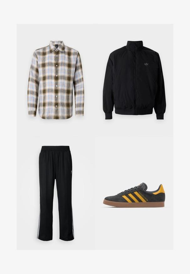 Black zipped jacket with high collar, made of lightweight material. Features elastic cuffs and waistband, with a small logo on the upper left.; Plaid button-up shirt in green, blue, and cream, featuring a classic collar and long sleeves with contrasting plaid patterns and white buttons.; Black athletic pants with an elastic waistband, featuring white side stripes and a small logo. Material appears soft and lightweight.; Black suede sneaker with yellow accents, featuring three stripes and a brown rubber sole. Includes a padded tongue for comfort.