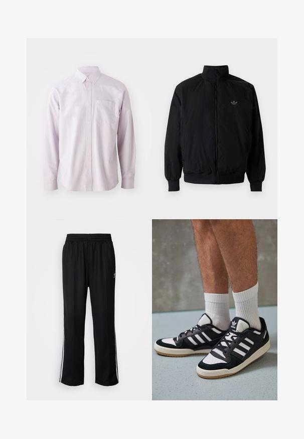 Crna jakna na zip s visokim ovratnikom, izrađena od laganog materijala. Ima elastične manžete i pojas, s malim logotipom na gornjem lijevom dijelu.; Svijetloplavi dugih rukava košulja s gumbima izrađena od pamuka, s džepom na prsima i klasičnim okovratnikom s bijelim gumbima.; Crne sportske hlače s elastičnom trakom oko struka, s bijelim bočnim prugama i malim logotipom. Materijal izgleda mekan i lagan.; Crne i bijele tenisice s gornjim dijelom od antilopa i kože, s tri bijele pruge, perforiranim prstom i gumiranim potplatom.