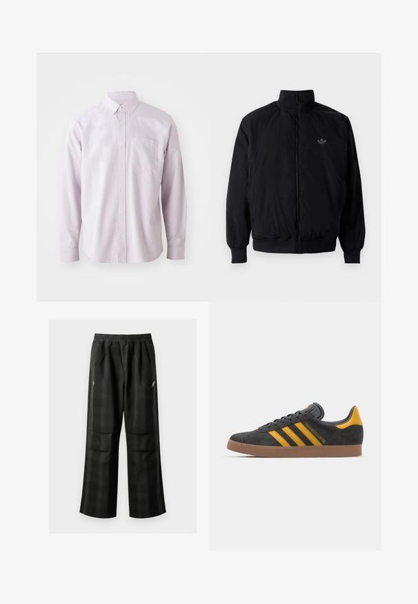 Svart zipjacka med hög krage, tillverkad av lätt material. Har elastiska cuffar och midja, med en liten logo på övre vänster.; Ljuslila långärmad skjorta med knappar, tillverkad av bomull, med en bröstficka och en klassisk krage med vita knappar.; Svarta rutiga byxor med elastisk midja, två framfickor och en lös passform med rak bendesign. Tillverkade av lätt material.; Svart mockaskor med gula accenter, med tre ränder och en brun gummisula. Inkluderar en vadderad tunga för extra komfort.