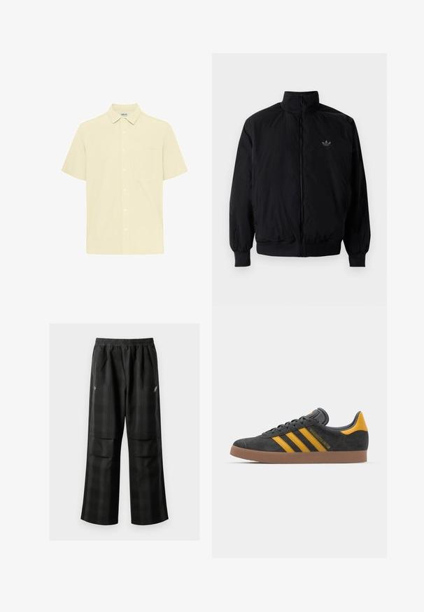 Crna jakna na zip s visokim ovratnikom, izrađena od laganog materijala. Ima elastične manžete i pojas, s malim logotipom na gornjem lijevom dijelu.; Košulja kratkih rukava od svijetložutog teksturiranog materijala. Ima ovratnik na dugme, prednju džep i dugmad na prednjoj strani.; Crne karirane hlače s elastičnom urezom, dva prednja džepa i ležernim krojem s ravnim nogavicama. Izrađene su od laganog materijala.; Crne nubuk tenisice s žutim detaljima, sa tri pruge i smešnim gumenim potplatom. Imaju jastučić na jeziku za udobnost.