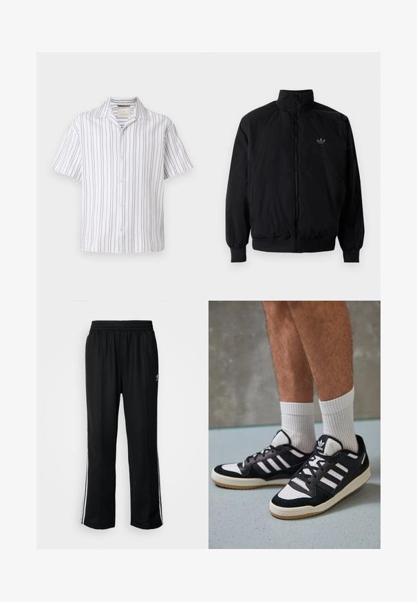 Black zipped jacket with high collar, made of lightweight material. Features elastic cuffs and waistband, with a small logo on the upper left.; Short-sleeve shirt made of lightweight fabric, featuring vertical white and beige stripes, a collar, and a button-down front.; Black athletic pants with an elastic waistband, featuring white side stripes and a small logo. Material appears soft and lightweight.; Black and white sneakers with a suede and leather upper, featuring three white stripes, a perforated toe, and a gum rubber sole.