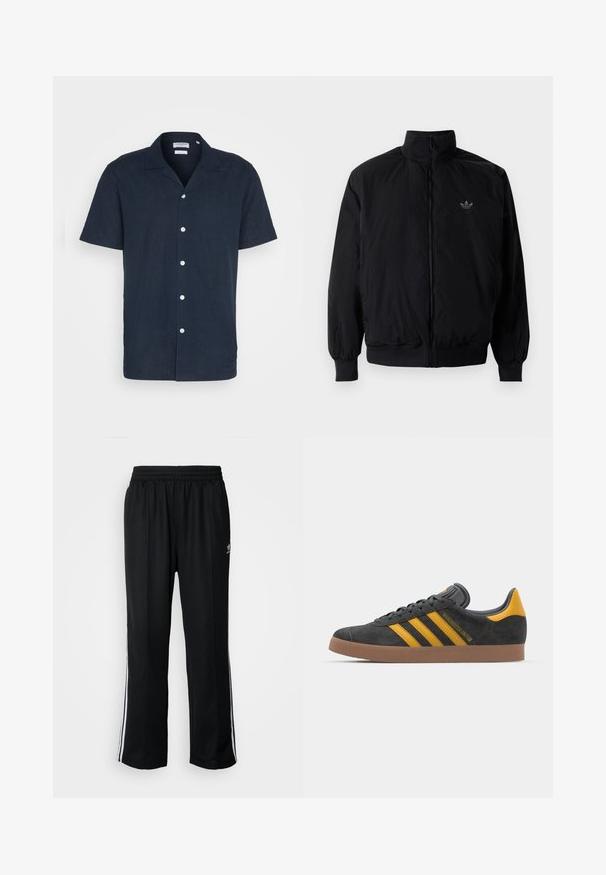 Černá zipová bunda s vysokým límcem, vyrobená z lehkého materiálu. Má elastické manžety a pas, s malým logem na horní levé straně.; Krátký rukáv námořnické košile s knoflíky, vyrobené z lehkého materiálu, s límcem, šesti bílými knoflíky a volným střihem.; Černé sportovní kalhoty s elastickým pasem, s bílými bočními pruhy a malým logem. Materiál vypadá měkce a lehce.; Černé semišové tenisky se žlutými akcenty, vybavené třemi pruhy a hnědou gumovou podrážkou. Obsahují polstrovaný jazyk pro pohodlí.