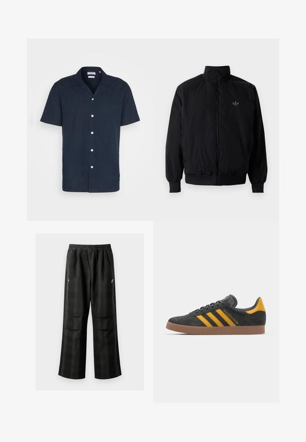 Zwarte geluiting jack met hoge kraag, gemaakt van lichtgewicht materiaal. Voorzien van elastische manchetten en tailleband, met een klein logo op de linkerbovenkant.; Korte mouwen, marineblauwe button-up shirt van een lichtgewicht stof, met een kraag, zes witte knopen en een ontspannen pasvorm.; Zwarte geruite broek met een elastische tailleband, twee voorzakken en een losse pasvorm met een rechte pijpdesign. Gemaakt van lichtgewicht materiaal.; Zwarte suède sneakers met gele accenten, voorzien van drie strepen en een bruine rubberen zool. Inclusief een gevoerde tong voor comfort.