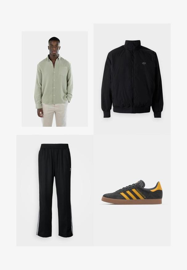 Schwarze Jacke mit Reißverschluss und hohem Kragen, aus leichtem Material gefertigt. Verfügt über elastische Bündchen und einen elastischen Saum, mit einem kleinen Logo oben links.; Helles grünes Hemd mit Strukturstoff, einer einzelnen Brusttasche und langen Ärmeln. Kombiniert mit hellen Hosen.; Schwarze Sporthosen mit elastischem Bund, ausgestattet mit weißen Seitenstreifen und einem kleinen Logo. Das Material wirkt weich und leicht.; Schwarze Wildledersneaker mit gelben Akzenten, ausgestattet mit drei Streifen und einer braunen Gummisohle. Enthält eine gepolsterte Zunge für zusätzlichen Komfort.