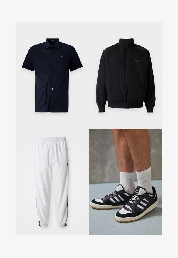 Černá zipová bunda s vysokým límcem, vyrobená z lehkého materiálu. Má elastické manžety a pas, s malým logem na horní levé straně.; Kratký rukáv, tmavě modrá košile s knoflíky vyrobená z bavlny, s накшivlimiteditou na levé straně a malou nášivkou s logem na hrudi.; Bílé sportovní kalhoty s černými bočními pruhy, elastickým pasem a manžetami; na levém stehně je logo Adidas. Hladká textilie.; Černobílé tenisky s vrchní částí z semišové a kožené kůže, včetně tří bílých pruhů, perforovaného špičky a podrážky z gumy.
