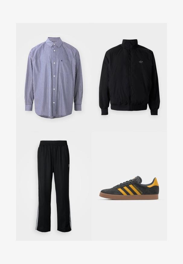 Black zipped jacket with high collar, made of lightweight material. Features elastic cuffs and waistband, with a small logo on the upper left.; Striped button-up shirt in navy and white. Features a collar, long sleeves, a chest pocket, and a curved hem. Classic fit with textured fabric.; Black athletic pants with an elastic waistband, featuring white side stripes and a small logo. Material appears soft and lightweight.; Black suede sneaker with yellow accents, featuring three stripes and a brown rubber sole. Includes a padded tongue for comfort.