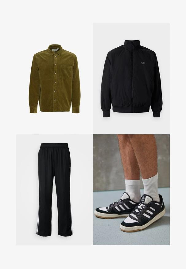 Black zipped jacket with high collar, made of lightweight material. Features elastic cuffs and waistband, with a small logo on the upper left.; Olive green corduroy shirt featuring a button-down collar, front pocket, and silver-tone buttons. Long sleeves with cuff detailing.; Black athletic pants with an elastic waistband, featuring white side stripes and a small logo. Material appears soft and lightweight.; Black and white sneakers with a suede and leather upper, featuring three white stripes, a perforated toe, and a gum rubber sole.