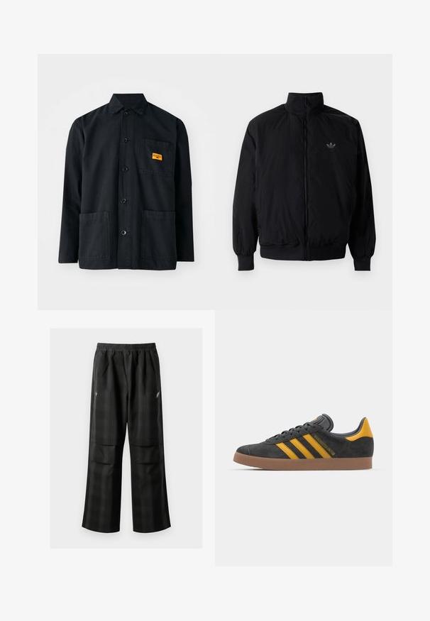 Crna jakna na zip s visokim ovratnikom, izrađena od laganog materijala. Ima elastične manžete i pojas, s malim logotipom na gornjem lijevom dijelu.; Crna pamučna radna jakna s dugmadi sprijeda, dva prednja džepa i malom žutom etiketom na džepu. Jednostavan, utilitaran dizajn.; Crne karirane hlače s elastičnom urezom, dva prednja džepa i ležernim krojem s ravnim nogavicama. Izrađene su od laganog materijala.; Crne nubuk tenisice s žutim detaljima, sa tri pruge i smešnim gumenim potplatom. Imaju jastučić na jeziku za udobnost.