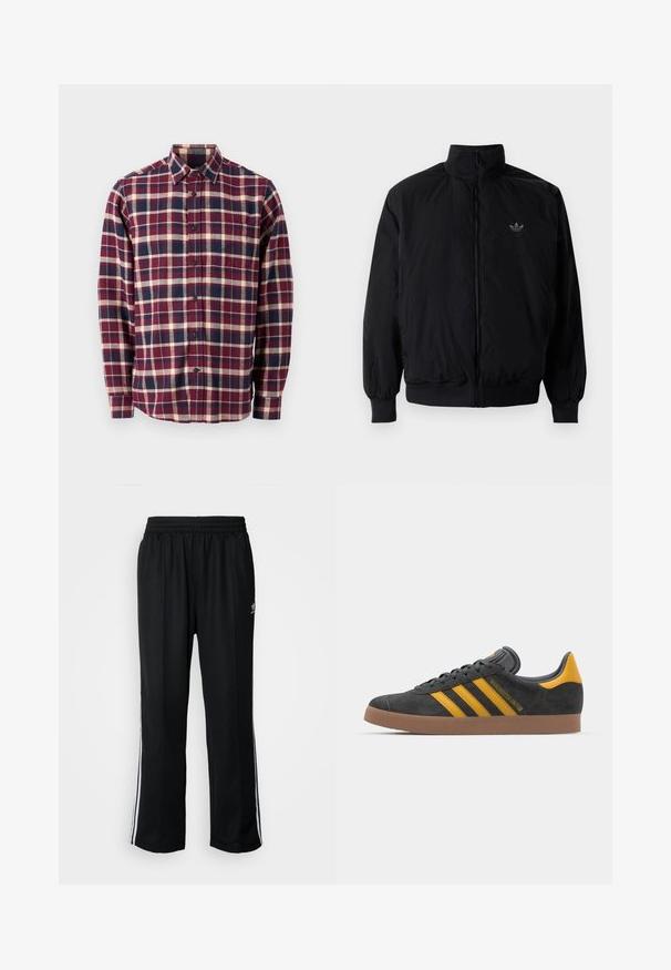 Schwarze Jacke mit Reißverschluss und hohem Kragen, aus leichtem Material gefertigt. Verfügt über elastische Bündchen und einen elastischen Saum, mit einem kleinen Logo oben links.; GAP STANDARD - Hemd - purple; Schwarze Sporthosen mit elastischem Bund, ausgestattet mit weißen Seitenstreifen und einem kleinen Logo. Das Material wirkt weich und leicht.; Schwarze Wildledersneaker mit gelben Akzenten, ausgestattet mit drei Streifen und einer braunen Gummisohle. Enthält eine gepolsterte Zunge für zusätzlichen Komfort.