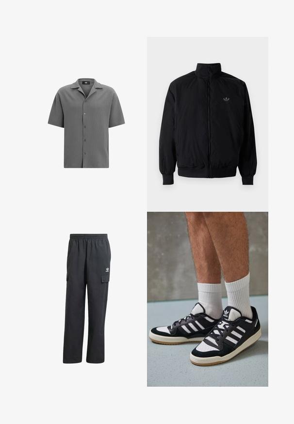 Schwarze Jacke mit Reißverschluss und hohem Kragen, aus leichtem Material gefertigt. Verfügt über elastische Bündchen und einen elastischen Saum, mit einem kleinen Logo oben links.; Kurzarmhemd mit Knopfleiste aus strukturiertem grauen Stoff. Verfügt über einen angeschnittenen Kragen und ein horizontales Rippmuster mit fünf Knöpfen auf der Vorderseite.; Schwarze Cargo-Hosen mit einem elastischen Bund, zwei Seitentaschen und einem dezenten Logo auf dem linken Oberschenkel. Hergestellt aus einem leichten Stoff.; Schwarz-weiße Sneaker mit einem Obermaterial aus Wildleder und Leder, ausgestattet mit drei weißen Streifen, einer perforierten Zehenpartie und einer Sohle aus Gummi.