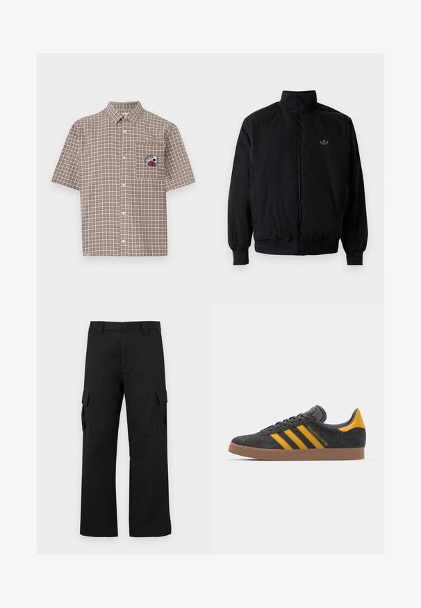 Giacca nera con zip e colletto alto, realizzata in materiale leggero. Presenta polsini e vita elastici, con un piccolo logo in alto a sinistra.; Camicia a maniche corte, marrone a quadri, con colletto button-down e taschino sul petto con un design ricamato in rosso e nero.; Pantaloni cargo neri con design a gamba dritta. Realizzati in tessuto resistente, dotati di due tasche laterali con chiusura a pattina e chiusura con bottone.; Sneaker in suede nero con dettagli gialli, dotato di tre strisce e una suola in gomma marrone. Include una linguetta imbottita per il comfort.