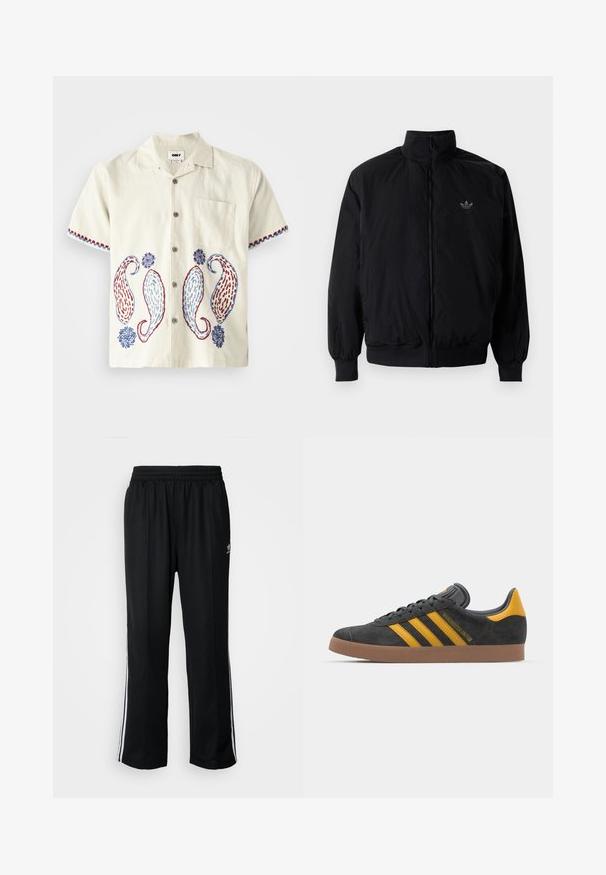 Svart zipjacka med hög krage, tillverkad av lätt material. Har elastiska cuffar och midja, med en liten logo på övre vänster.; Kortärmad, ljusbeige skjorta av bomull med paisleymönster i blått och rött. Har en bröstficka och knäppning.; Svarta träningsbyxor med elastisk midja, med vita sidostreck och en liten logotyp. Materialet verkar mjukt och lätt.; Svart mockaskor med gula accenter, med tre ränder och en brun gummisula. Inkluderar en vadderad tunga för extra komfort.