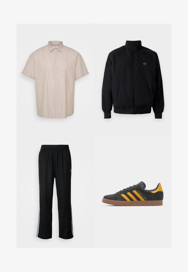 Musta vetoketjullinen takki, jossa on korkea kaulus, valmistettu kevyestä materiaalista. Varustettu joustavilla hihoilla ja vyötäröllä, ja ylävasemmalla on pieni logo.; Lyhythihainen, kauluksellinen paita vaaleasta beigeistä pellavasta. Ominaisuuksiin kuuluu nappikiinnitys edessä ja väljä istuvuus, jossa on sileä, tekstuuri pinta.; Mustat urheiluhousut, joissa on joustava vyötärö, valkoiset sivuraidat ja pieni logo. Materiaali näyttää pehmeältä ja kevyeltä.; Mustat samettiset tennarit, joissa on keltaisia yksityiskohtia, kolmonen raita ja ruskea kumipohja. Sisältää pehmustetun kielisen mukavuutta varten.