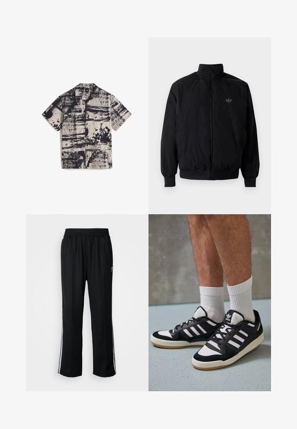 Sort lynlåsjakke med høj krave, fremstillet af letvægtsmateriale. Har elastiske manchetter og talje, med et lille logo på øverste venstre side.; Vans Skjorter - medium brown; Sorte træningsbukser med elastisk talje, der har hvide sidestænger og et lille logo. Materialet ser blødt og let ud.; Sorte og hvide sneakers med en overdel i ruskind og læder, der har tre hvide striber, en perforeret tå og en sål i gummigummi.