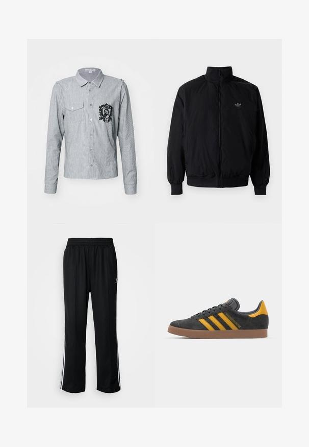 Zwarte geluiting jack met hoge kraag, gemaakt van lichtgewicht materiaal. Voorzien van elastische manchetten en tailleband, met een klein logo op de linkerbovenkant.; Gestreepte grijze button-up shirt, met een borstzak en een zwart geborduurd embleemontwerp aan de linkerkant. Lange mouwen.; Zwarte sportbroeken met een elastische tailleband, voorzien van witte zijkanten en een klein logo. Het materiaal lijkt zacht en lichtgewicht te zijn.; Zwarte suède sneakers met gele accenten, voorzien van drie strepen en een bruine rubberen zool. Inclusief een gevoerde tong voor comfort.