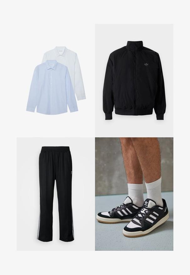 Sort lynlåsjakke med høj krave, fremstillet af letvægtsmateriale. Har elastiske manchetter og talje, med et lille logo på øverste venstre side.; To lange langærmede skjorter: en lyseblå med tynde lodrette striber, den anden ensfarvet hvid. Begge har krave og knaplukning foran.; Sorte træningsbukser med elastisk talje, der har hvide sidestænger og et lille logo. Materialet ser blødt og let ud.; Sorte og hvide sneakers med en overdel i ruskind og læder, der har tre hvide striber, en perforeret tå og en sål i gummigummi.