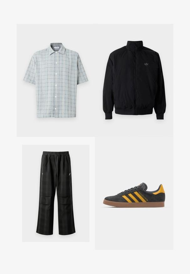 Crna jakna na zip s visokim ovratnikom, izrađena od laganog materijala. Ima elastične manžete i pojas, s malim logotipom na gornjem lijevom dijelu.; Košulja kratkih rukava s gumbima, plavo-bijeli karirani uzorak, ovratnik s raširenim kragnama i bijeli gumbi sprijeda.; Crne karirane hlače s elastičnom urezom, dva prednja džepa i ležernim krojem s ravnim nogavicama. Izrađene su od laganog materijala.; Crne nubuk tenisice s žutim detaljima, sa tri pruge i smešnim gumenim potplatom. Imaju jastučić na jeziku za udobnost.