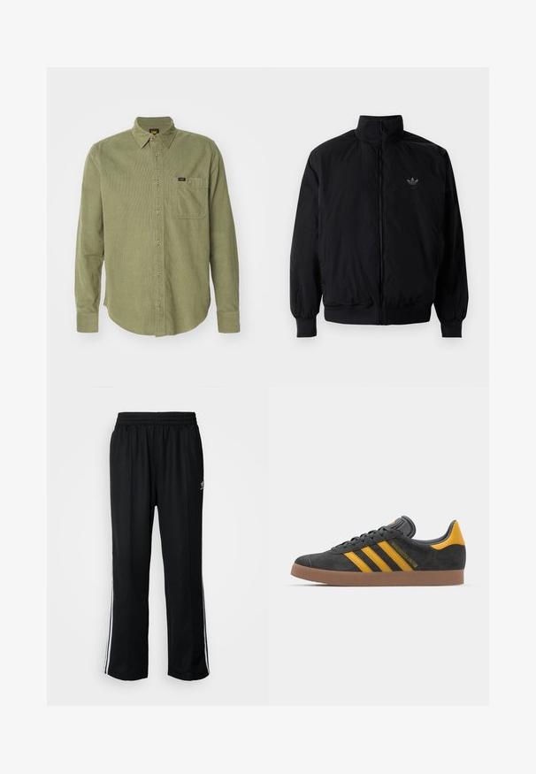 Giacca nera con zip e colletto alto, realizzata in materiale leggero. Presenta polsini e vita elastici, con un piccolo logo in alto a sinistra.; Camicia di velluto a coste verde oliva con maniche lunghe, apertura con bottoni, colletto punta, taschino sul petto e etichetta del marchio sulla tasca.; Pantaloni da allenamento neri con elastico in vita, dotati di bande laterali bianche e un piccolo logo. Il materiale sembra morbido e leggero.; Sneaker in suede nero con dettagli gialli, dotato di tre strisce e una suola in gomma marrone. Include una linguetta imbottita per il comfort.