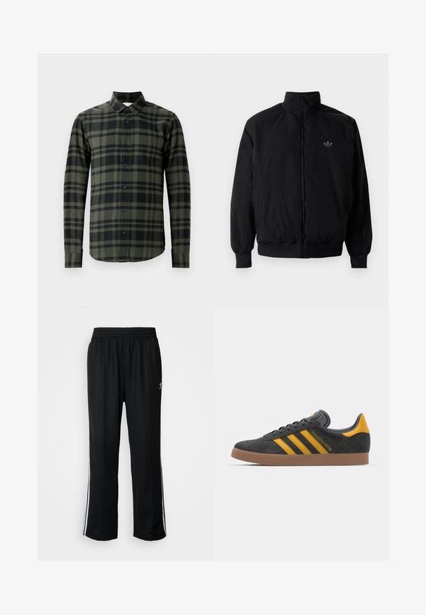 Giacca nera con zip e colletto alto, realizzata in materiale leggero. Presenta polsini e vita elastici, con un piccolo logo in alto a sinistra.; Camicia a maniche lunghe a fantasia scozzese verde scuro e nera, realizzata in flanella. Presenta un colletto classico e bottoni neri.; Pantaloni da allenamento neri con elastico in vita, dotati di bande laterali bianche e un piccolo logo. Il materiale sembra morbido e leggero.; Sneaker in suede nero con dettagli gialli, dotato di tre strisce e una suola in gomma marrone. Include una linguetta imbottita per il comfort.