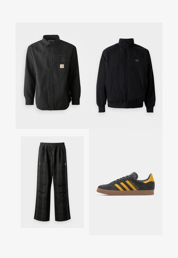 Chaqueta negra con cremallera y cuello alto, hecha de material ligero. Cuenta con puños y cinturilla elásticos, y un pequeño logo en la parte superior izquierda.; Camisa negra de manga larga con un frente abotonado, cuello puntiagudo y un bolsillo en el pecho con un parche de logo. Tejido suave y texturizado.; Pantalones de cuadros negros con cintura elástica, dos bolsillos frontales y un ajuste holgado con diseño de pierna recta. Fabricados en material ligero.; Zapatillas de ante negro con acentos amarillos, que presentan tres franjas y una suela de goma marrón. Incluyen una lengüeta acolchada para mayor comodidad.