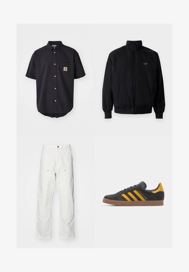 Svart zipjacka med hög krage, tillverkad av lätt material. Har elastiska cuffar och midja, med en liten logo på övre vänster.; Kortärmad, knappad skjorta i texturrik mörk marinblått tyg, med en ficka på bröstet som har en fyrkantig logotyp och vita knappar.; Vita bomullscargo Byxor med en avslappnad passform. Funktioner inkluderar framfickor, guld Accentdetaljer och förstärkta knäsektioner.; Svart mockaskor med gula accenter, med tre ränder och en brun gummisula. Inkluderar en vadderad tunga för extra komfort.