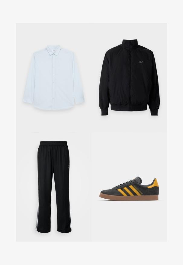 Black zipped jacket with high collar, made of lightweight material. Features elastic cuffs and waistband, with a small logo on the upper left.; Jack & Jones JJJOE PLAIN NOOS - Shirt - cashmere blue; Black athletic pants with an elastic waistband, featuring white side stripes and a small logo. Material appears soft and lightweight.; Black suede sneaker with yellow accents, featuring three stripes and a brown rubber sole. Includes a padded tongue for comfort.