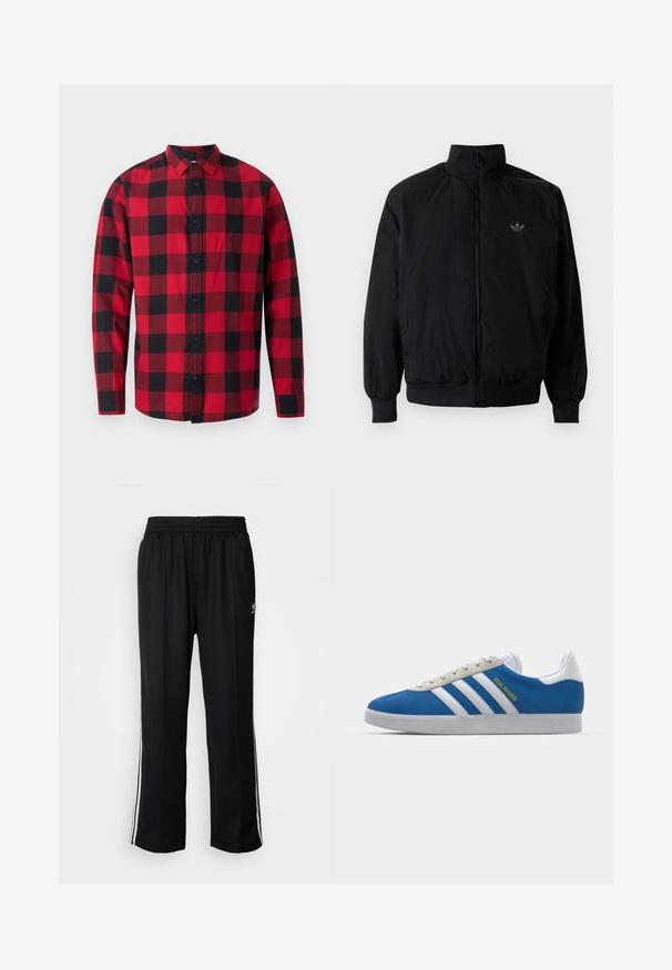 Crna jakna na zip s visokim ovratnikom, izrađena od laganog materijala. Ima elastične manžete i pojas, s malim logotipom na gornjem lijevom dijelu.; Crvena i crna karirana flanel košulja s kopčanjem sprijeda, dugim rukavima i ovratnikom. Ima klasičan tartan uzorak.; Crne sportske hlače s elastičnom trakom oko struka, s bijelim bočnim prugama i malim logotipom. Materijal izgleda mekan i lagan.; adidas Originals ADIDAS GAZELLE SHOES - Dvoranske nogometne kopačke - real madrid/bluebird/footwear white/crew yellow