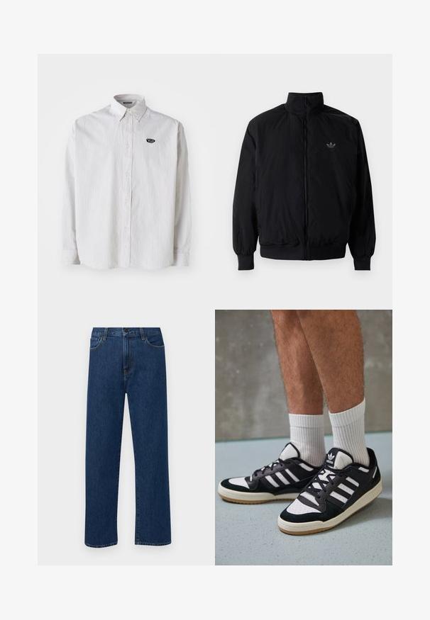 Black zipped jacket with high collar, made of lightweight material. Features elastic cuffs and waistband, with a small logo on the upper left.; White long-sleeve shirt with thin gray vertical stripes. Features a button-down collar and a small black logo on the left chest.; Dark blue straight-leg denim jeans with front pockets and a button closure, displayed on a plain white background.; Black and white sneakers with a suede and leather upper, featuring three white stripes, a perforated toe, and a gum rubber sole.