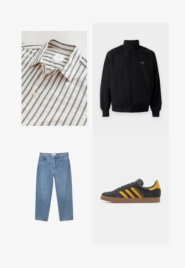 Sort lynlåsjakke med høj krave, fremstillet af letvægtsmateriale. Har elastiske manchetter og talje, med et lille logo på øverste venstre side.; Hvid skjorte med blå lodrette striber, med en foldet krave, knaplukning foran og et struktureret stof. Mærket er synligt indeni.; Lysblå denim jeans med lige ben, fem lomme-designet og et synligt mærkeetiket ved taljen.; Sort suedet sneaker med gule accenter, der har tre striber og en brun gummisål. Inkluderer en polstret tunge for komfort.