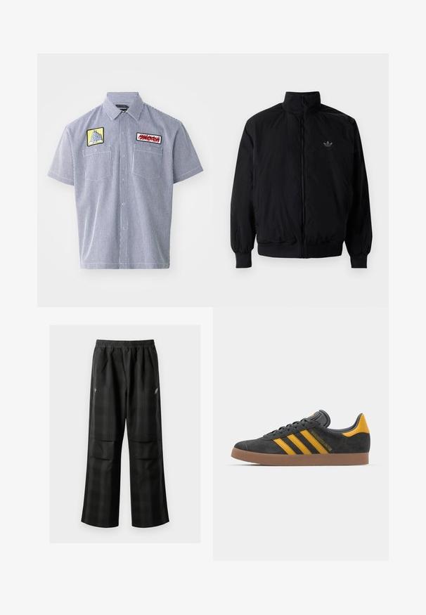 Black zipped jacket with high collar, made of lightweight material. Features elastic cuffs and waistband, with a small logo on the upper left.; Short-sleeve, collared shirt in navy and white striped fabric. Features two embroidered patches on the chest and button placket.; Black plaid pants featuring an elastic waistband, two front pockets, and a loose fit with a straight leg design. Made from lightweight material.; Black suede sneaker with yellow accents, featuring three stripes and a brown rubber sole. Includes a padded tongue for comfort.