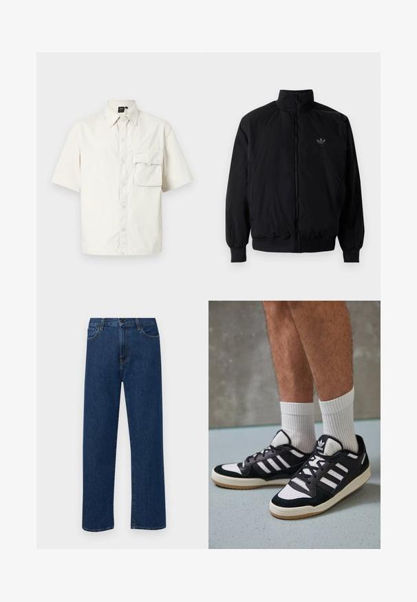 Chaqueta negra con cremallera y cuello alto, hecha de material ligero. Cuenta con puños y cinturilla elásticos, y un pequeño logo en la parte superior izquierda.; Camisa de manga corta, con cuello, en algodón beige claro, que presenta un cierre de botones y un único bolsillo de parche en el lado izquierdo del pecho.; Jeans de denim de pierna recta en azul oscuro con bolsillos delanteros y cierre de botón, exhibidos sobre un fondo blanco liso.; Zapatillas en blanco y negro con parte superior de ante y cuero, que presentan tres franjas blancas, una puntera perforada y una suela de goma.