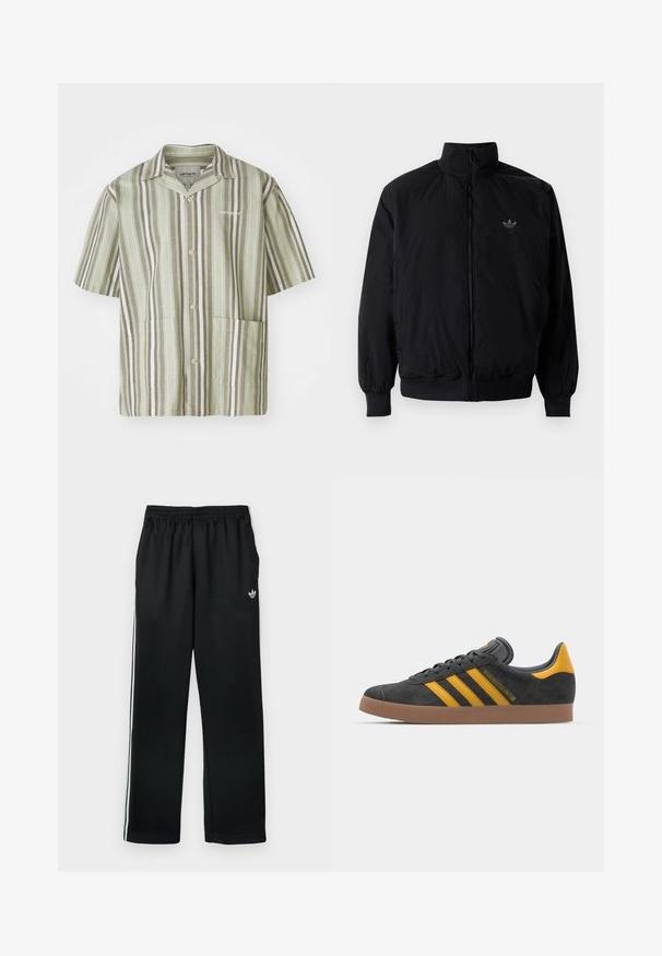 Zwarte geluiting jack met hoge kraag, gemaakt van lichtgewicht materiaal. Voorzien van elastische manchetten en tailleband, met een klein logo op de linkerbovenkant.; Korte mouwen overhemd met knoopsluiting in lichtgroen met verticale strepen in donkergroen en wit. Voorzien van twee voorzakken en een kraag.; Zwarte sportbroek met een elastische tailleband, voorzien van witte zijstrepen en een klein logo aan de voorkant. Gladde stof en rechte snit.; Zwarte suède sneakers met gele accenten, voorzien van drie strepen en een bruine rubberen zool. Inclusief een gevoerde tong voor comfort.