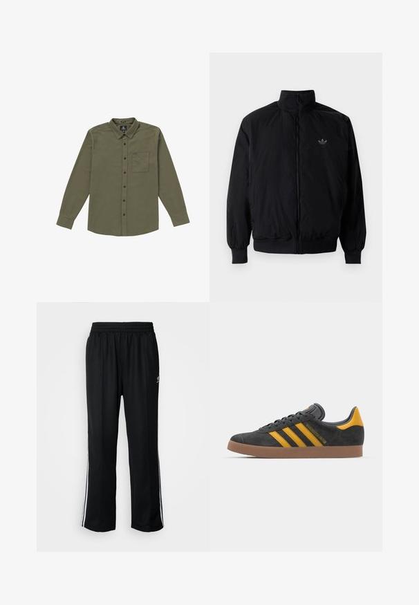 Sort lynlåsjakke med høj krave, fremstillet af letvægtsmateriale. Har elastiske manchetter og talje, med et lille logo på øverste venstre side.; Herre skjorte med knapper i olivengrøn. Fremstillet af blødt stof, med lange ærmer, en brystlomme og sorte knapper. Standard kravedesign.; Sorte træningsbukser med elastisk talje, der har hvide sidestænger og et lille logo. Materialet ser blødt og let ud.; Sort suedet sneaker med gule accenter, der har tre striber og en brun gummisål. Inkluderer en polstret tunge for komfort.