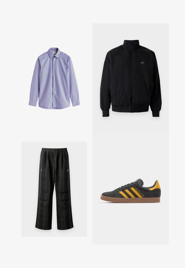 Crna jakna na zip s visokim ovratnikom, izrađena od laganog materijala. Ima elastične manžete i pojas, s malim logotipom na gornjem lijevom dijelu.; Košulja s dugim rukavima, svijetloplava tkanina s okomitim crvenim prugama, klasični ovratnik i kopčanje na dugmadi.; Crne karirane hlače s elastičnom urezom, dva prednja džepa i ležernim krojem s ravnim nogavicama. Izrađene su od laganog materijala.; Crne nubuk tenisice s žutim detaljima, sa tri pruge i smešnim gumenim potplatom. Imaju jastučić na jeziku za udobnost.